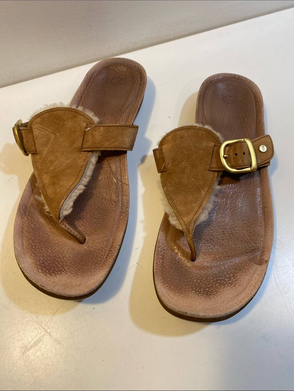 UGG Chestnut Suede Shearling Thong Sandals with Gold Buckle